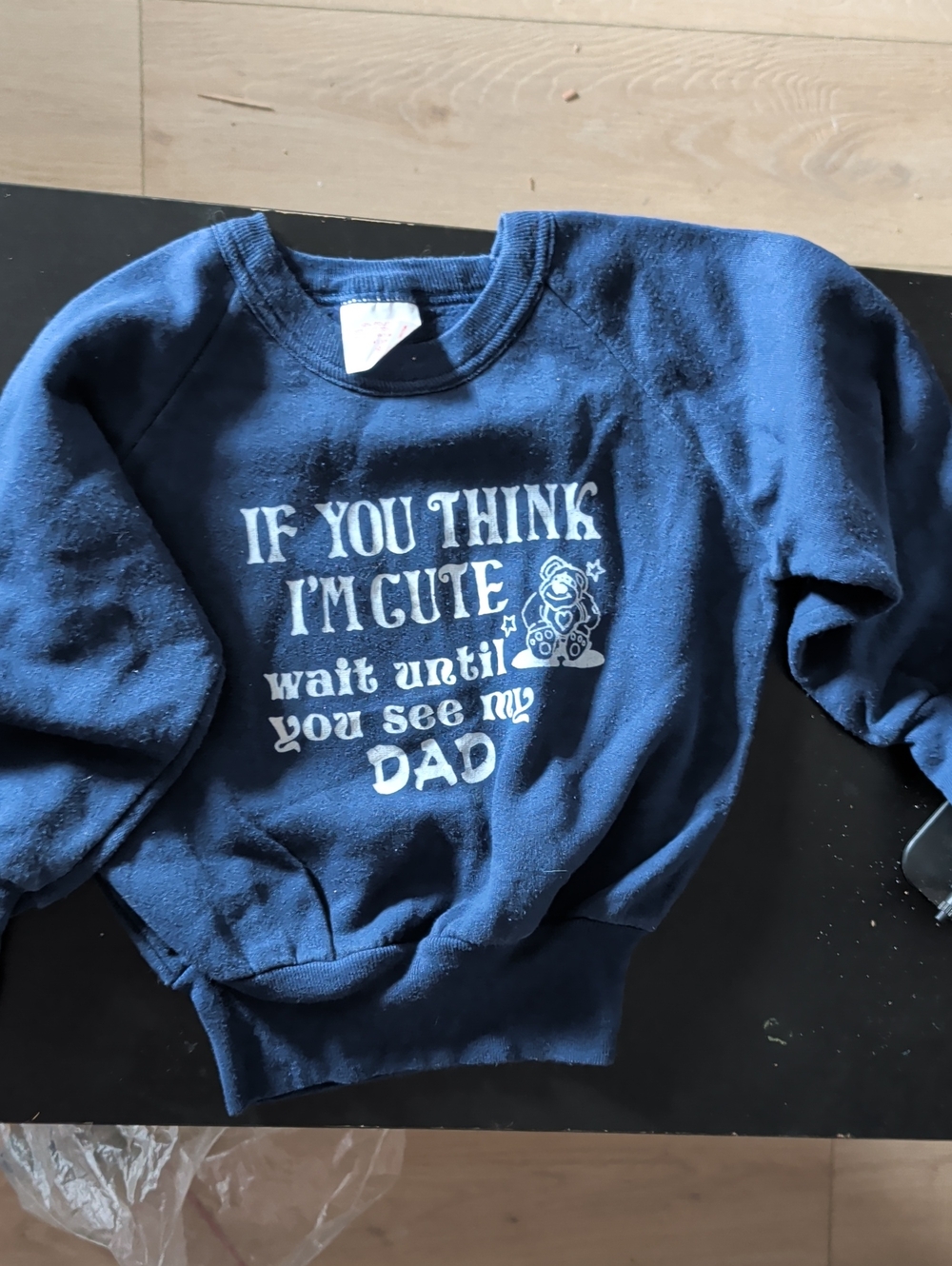 Toddlers Vintage Navy Blue Crewneck Sweater - 'If You Think I'm Cute' Graphic
